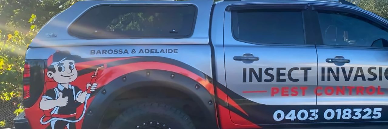 Rear of the Insect Invasion ute showing the pest control mascot and Barossa & Adelaide lettering